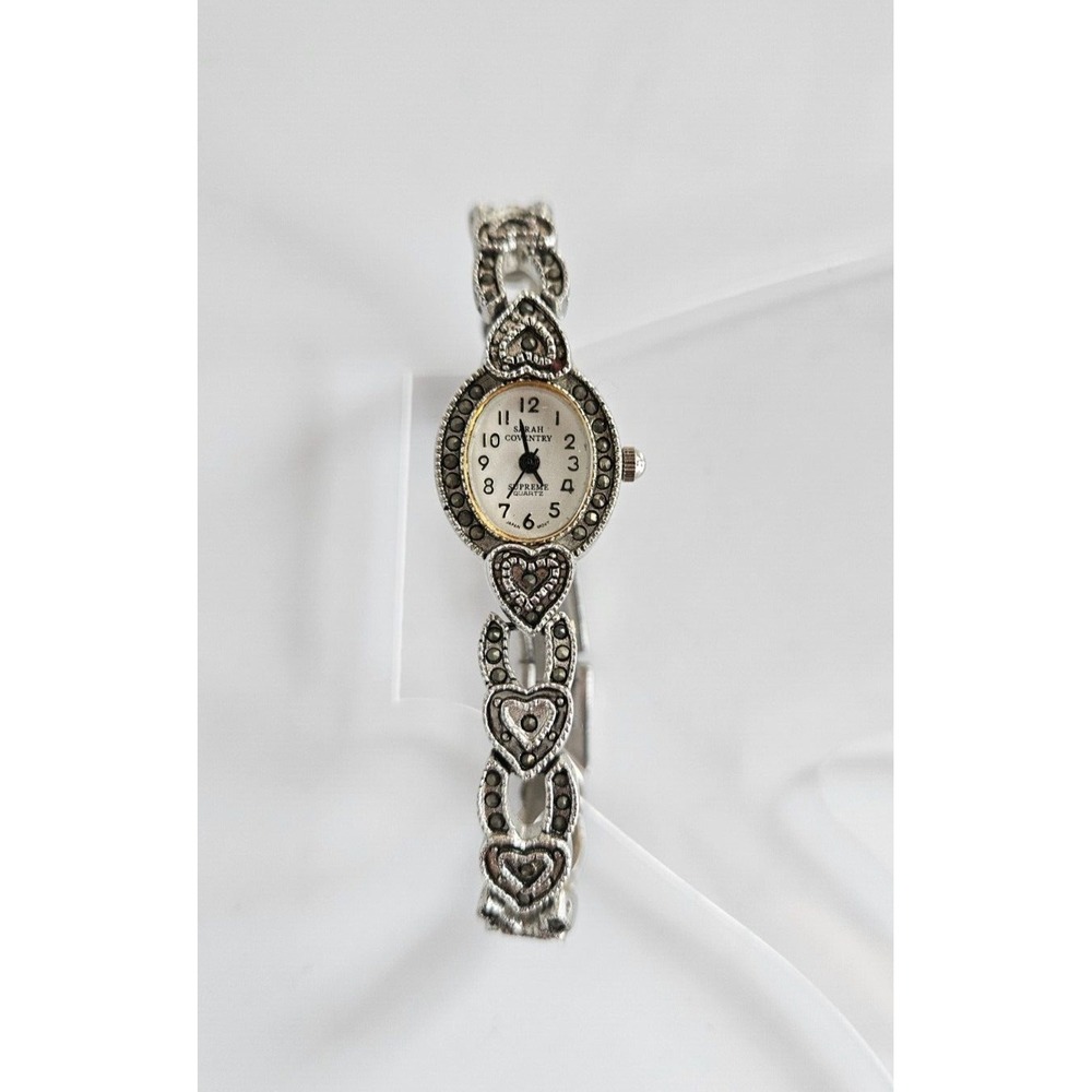 Vtg Supreme Sarah Cov Marcasite Silver Toned Metal Heart Shape Band Watch 7.5" L